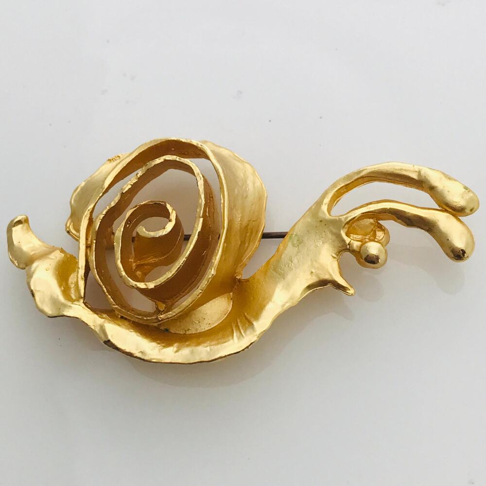 Artisan Gold Tone Snail Brooch- Spiral Shell - Whimsical- Mid Century Style